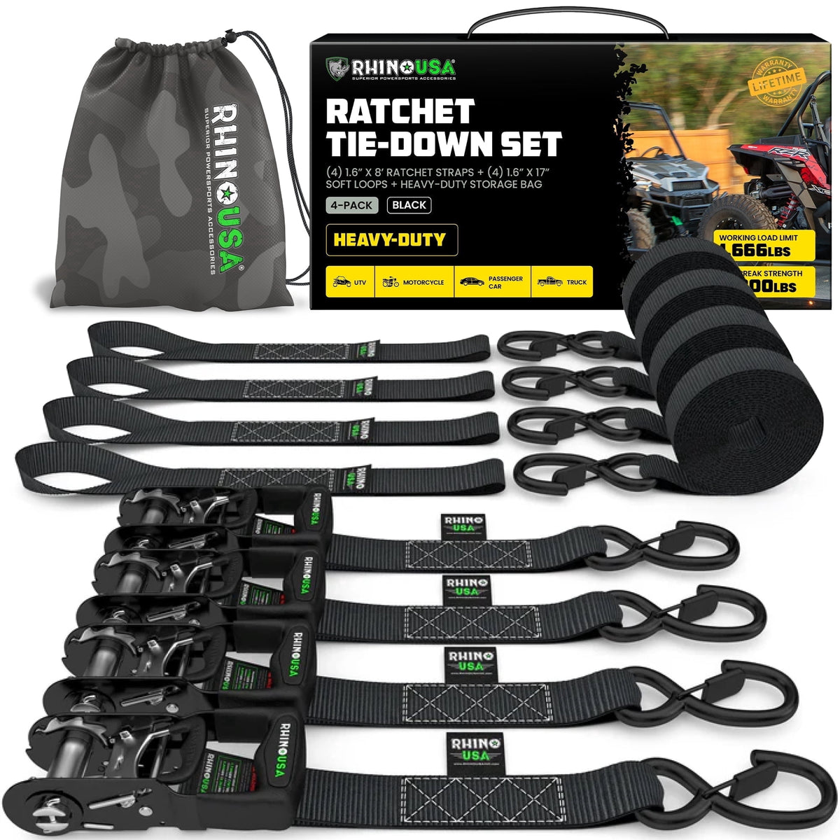 Rhino USA Heavy Duty Ratchet Tie-Down 4-Pack
