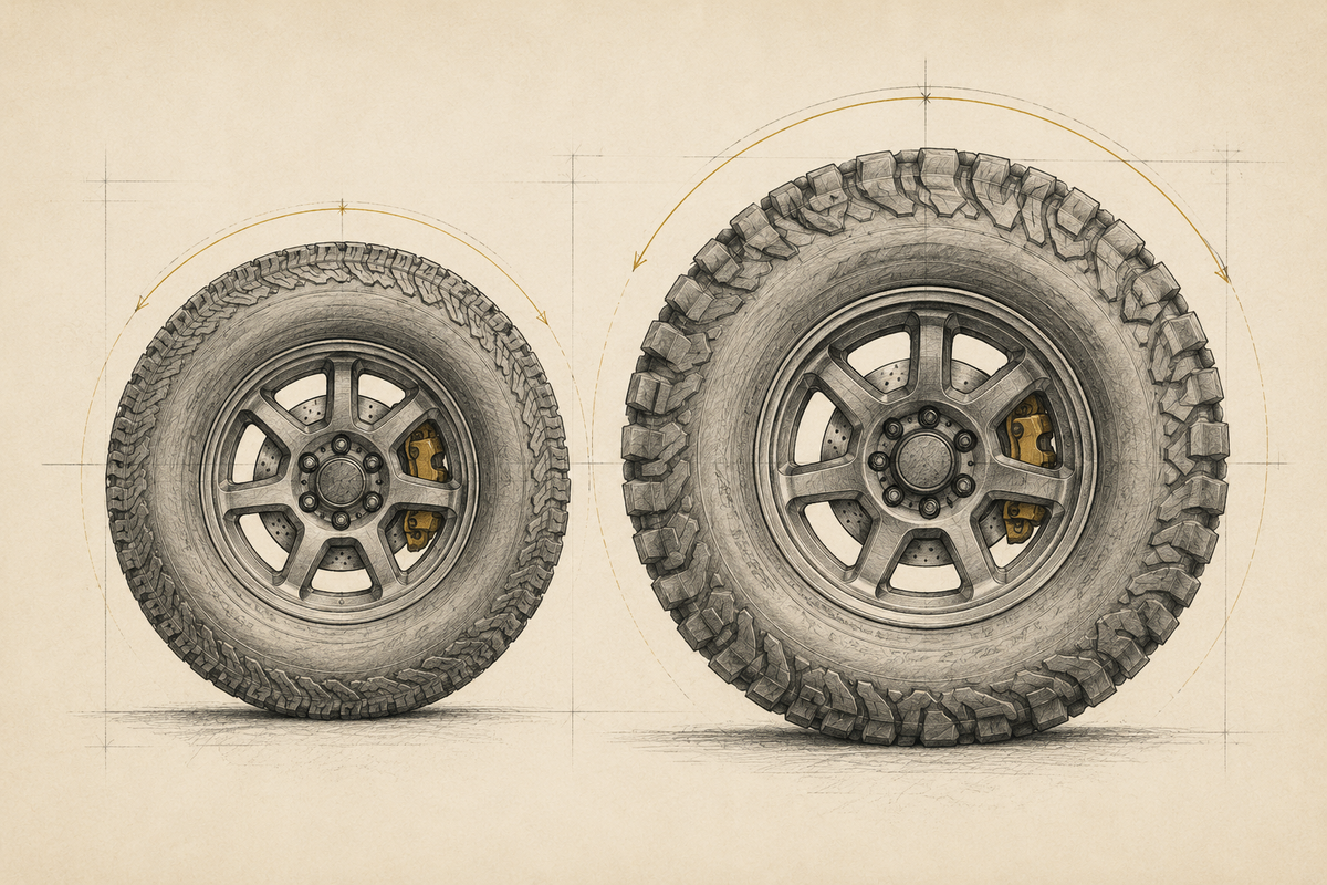 Technical sketch comparing a stock truck tire with a larger off-road tire and visible brake hardware