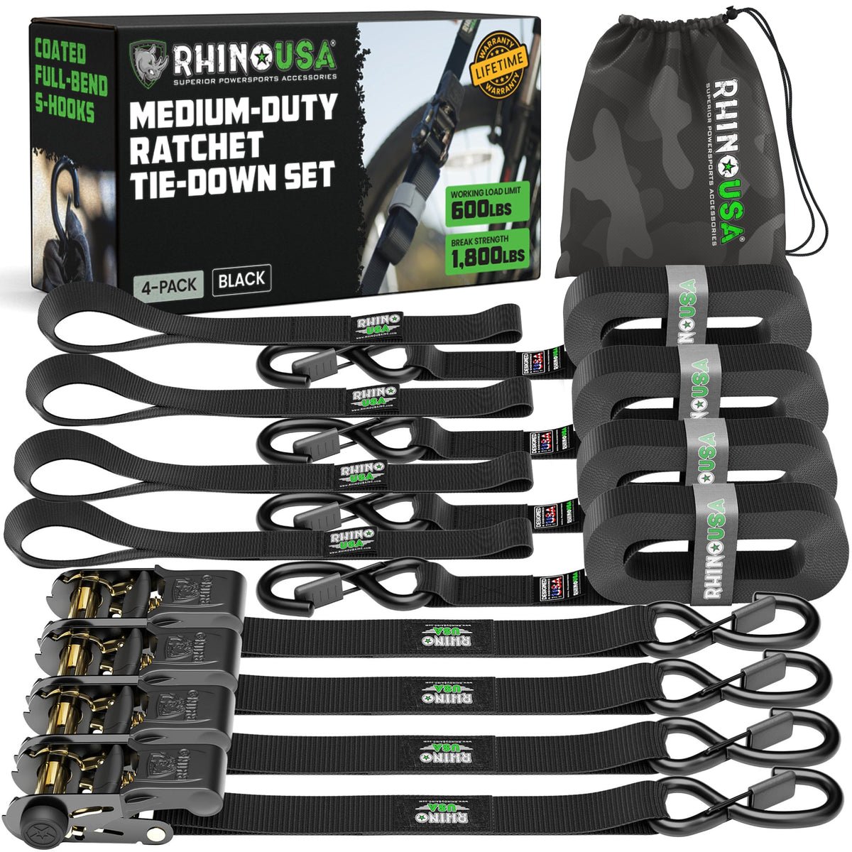 Rhino USA Medium Duty Ratchet Strap Tie-Down 4-Pack (Black) - view 1