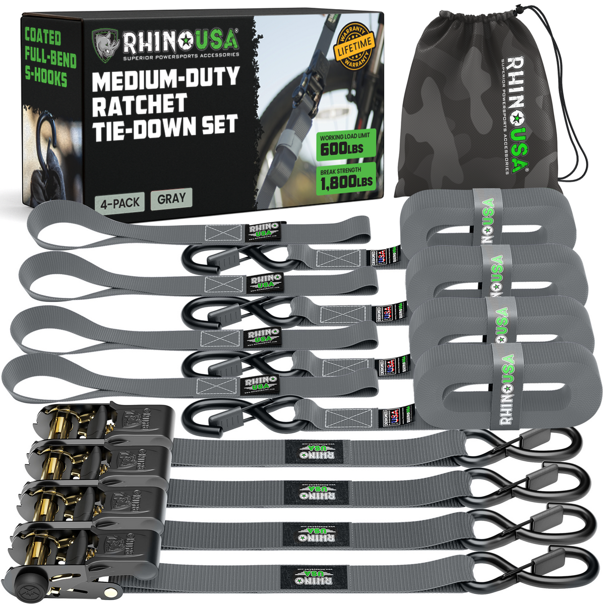 Rhino USA Medium Duty Ratchet Strap Tie-Down 4-Pack